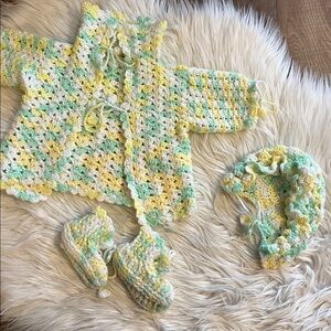 Hand Crocheted Baby Cardigan Bonnet Booties Set Heirloom Cottagecore Handmade